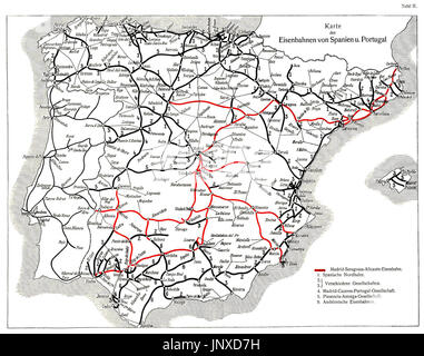 Carte des chemins de fer de la péninsule ibérique (1921) Banque D'Images