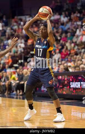 Uncasville, Connecticut, USA. 30 juillet, 2017. Indiana Fever guard Erica Wheeler (17) a l'air d'adopter au cours de la première moitié du match de basket-ball WNBA entre les Indiana Fever et le Connecticut Sun au Mohegan Sun Arena. Connecticut Indiana défait 89-73. Chris Poss/Alamy Live News Banque D'Images