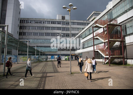 Bielefeld, Allemagne. 28 juillet, 2017. Les étudiants en face de l'entrée à l'un des bâtiments de l'Université de Bielefeld Bielefeld, Allemagne, 28 juillet 2017. Un nouveau projet pilote visant à l'intégration des migrants et des réfugiés dans la main-d'enseignants allemand intitulé Les enseignants Plus Lehrkraefte ("Plus") a été lancé à l'université. Photo : Friso Gentsch/dpa/Alamy Live News Banque D'Images