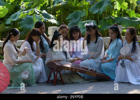 Mianyang, Sichuan : jouer dans la piscine lotus guzheng Banque D'Images