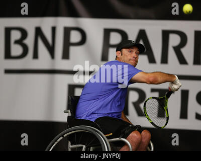 Namur, Belgique. 30 juillet, 2017. David Wagner (USA) renvoie la balle au cours de sa finale contre Heath Davidson (AUS) lors de la 30e tournoi de tennis en fauteuil roulant belge le 30/07/2017 à Namur (TC Géronsart). © Frédéric de Laminne Banque D'Images