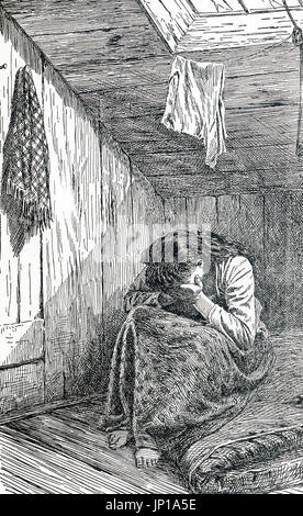 Cette illustration date de 1899. Le sous-titre suivant : une chambre et son occupant comme trouvés dans le grenier de 'le navire.' Ce renferme sur Hamilton Street à New York était connu comme 'le navire' - une entrée étroite à l'arrière mène à la mansarde chambres. À proximité de l'eau a été la Mission de rue. Banque D'Images