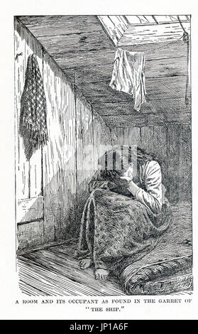 Cette illustration date de 1899. Le sous-titre suivant : une chambre et son occupant comme trouvés dans le grenier de 'le navire.' Ce renferme sur Hamilton Street à New York était connu comme 'le navire' - une entrée étroite à l'arrière mène à la mansarde chambres. À proximité de l'eau a été la Mission de rue. Banque D'Images