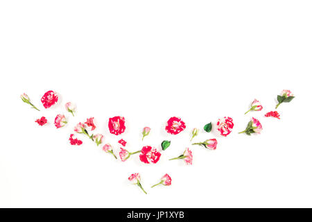 Guirlande de roses roses de trame sur fond blanc. Banque D'Images