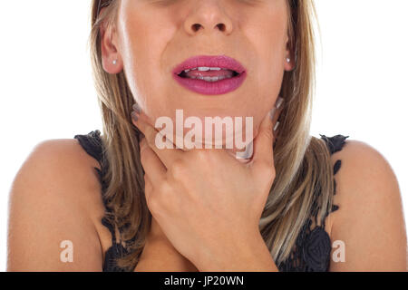 Photo de jeune femme ayant mal de gorge tenant son cou, contrôler l'inflammation de glandes sudoripares - isolated background Banque D'Images