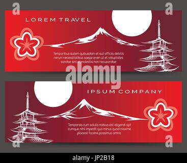 Japonais asiatique avec des bannières et de la pagode du Mont Fuji. Vector bannière rouge ensemble de Japon Illustration de Vecteur