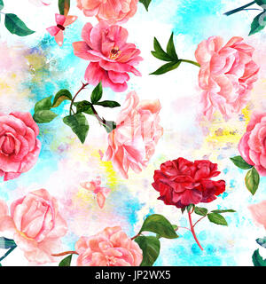 Modèle sans couture avec aquarelles de fleurs roses rouges et roses, camélias, de pivoines, de papillons, peintes à la main sur fond de rose et teal Banque D'Images