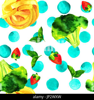 Un modèle uniforme de la nourriture végétalienne Aquarelle Dessins à thème. Feuilles de menthe, de fraise, de fleurons de brocoli, et les nids de pâtes pappardelle, peintes à la main Banque D'Images