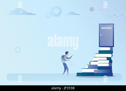 L'homme d'affaires grimper vers le succès de la pile de livres Concept de croissance porte Illustration de Vecteur