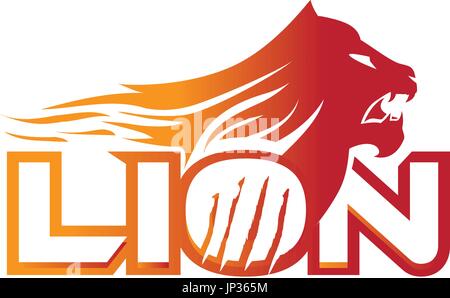 Logo lion en colère ouvrir sa bouche avec des flammes et des rayures sur la lettre O. isolé sur fond blanc. Illustration de Vecteur