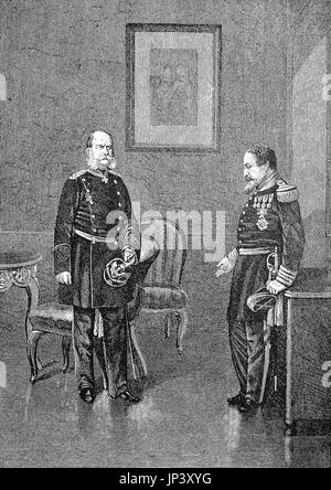 Le Roi William et Napoléon III après la capitulation de Sedan dans le château de Bellevue le 2 septembre 1870, Berlin, Allemagne, l'amélioration numérique reproduction d'une gravure sur bois à partir de la publication de l'année 1888 Banque D'Images