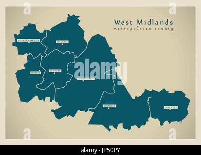 Carte moderne - West Midlands comté métropolitain avec les villes et districts England UK Illustration de Vecteur