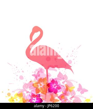 Abstract vector background d'été avec flamant rose et fleurs tropicales. Illustration de Vecteur