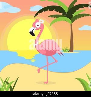 Fond d'été avec flamant rose, de plage au coucher du soleil avec des vagues, des nuages et du palmier de l'horizont. station voir affiche. vector illustration. Modèle plat Illustration de Vecteur