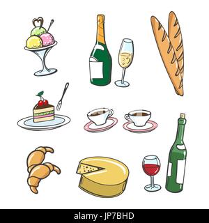 Hand drawn dessert nourriture et boissons. Vector Icons of Popular French food style cartoon Illustration de Vecteur