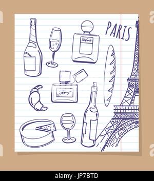 Symboles de Paris croquis. Le français populaire de vecteur de la nourriture, des boissons et des icônes Parfum Illustration de Vecteur