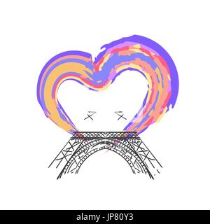 Tour Eiffel pittoresque avec coeur isolé sur fond blanc. Vector illustration Illustration de Vecteur