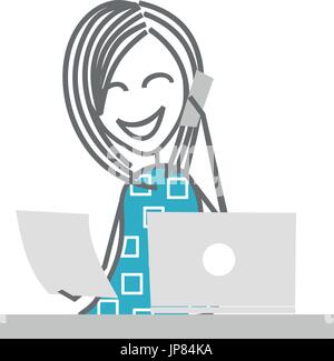 Une femme parle au téléphone en face d'un ordinateur et d'un document écrit Illustration de Vecteur