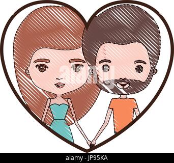 Portrait en forme de coeur avec crayon couleur caricature silhouette de son couple avec robe et longs cheveux rouges et lui avec les cheveux bruns et la barbe Illustration de Vecteur