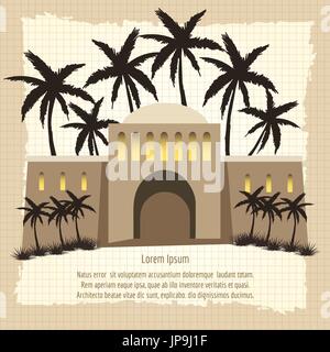 Vintage avec paysage d'Arabie. Vector illustration avec château et palm tree Illustration de Vecteur