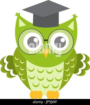 Owl dans les verres avec les universitaires Carré, plat, icône de style dessin animé. Isolé sur fond blanc. Vector illustration. Illustration de Vecteur