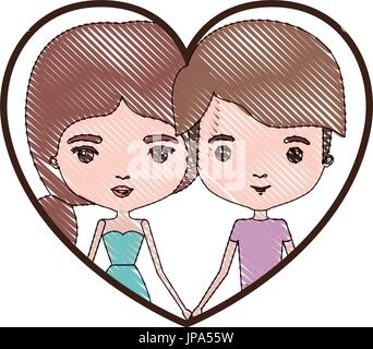 Portrait en forme de coeur avec crayon couleur caricature silhouette couple et lui avec cheveux courts brun pâle et sa robe avec queue et hairstyle Illustration de Vecteur