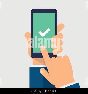 Coche sur smart-phone écran. Hand holding smart phone. Doigt sur l'écran du périphérique mobile. Une télévision moderne vector illustration. Illustration de Vecteur