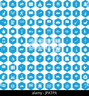 100 Asie blue icons set Illustration de Vecteur