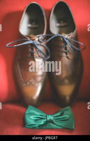 Brown, des chaussures d'hommes et vert noeud papillon, still life Banque D'Images