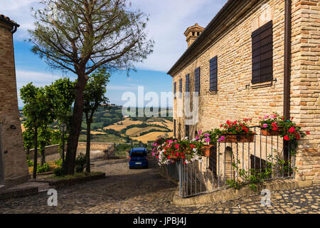 Une ruelle typique du village médiéval perché sur la colline Offagna Province d'Ancône Marches Italie Europe Banque D'Images