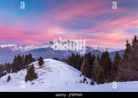 Vue de la Presolana lors d'un lever du soleil d'hiver de Monte Pora, Val Seriana, district de Bergame, Lombardie, Italie. Banque D'Images