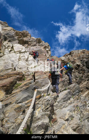 Les alpinistes monter au refuge Gnifetti dans massif du Monte Rosa (Gressoney, Vallée du Lys ; province d'Aoste, vallée d'aoste, Italie, Europe) Banque D'Images