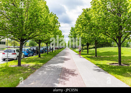 Saguenay, Canada - le 3 juin 2017 : Woman running on sidewalk trail dans ville de Québec avec des arbres verts dans parc d'été Banque D'Images