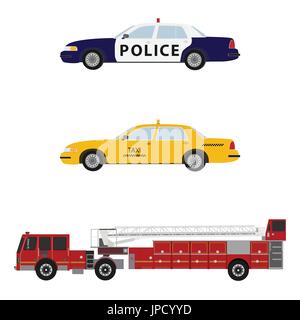 Vector illustration set, collection de voitures d'urgence. Police, pompiers et taxi. Illustration de Vecteur