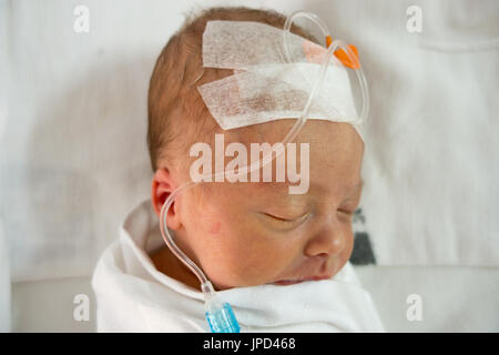 Bébé nouveau-né de dormir sur une goutte dans un hôpital Banque D'Images