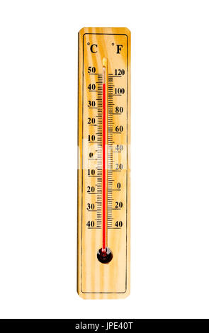 Thermomètre à mercure marquant 44 degrés Celsius Fahrenheit 112 isolé sur un fond blanc. La chaleur d'été illustré sur le mercure du thermomètre. Banque D'Images