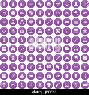 100 crime investigation icons set purple Illustration de Vecteur