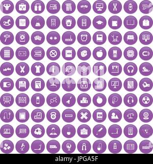 100 enfants d'apprentissage icons set purple Illustration de Vecteur