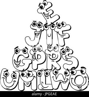 Cartoon noir et blanc Illustration de Funny Lettre alphabet caractères Capital Group for Kids Coloring Book Illustration de Vecteur