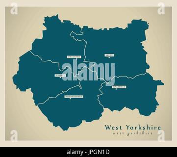 Carte moderne - West Yorkshire County metropolitan avec villes et districts England UK Illustration de Vecteur