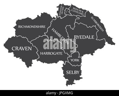 Le comté de North Yorkshire England UK carte noire avec illustration des étiquettes blanches Illustration de Vecteur