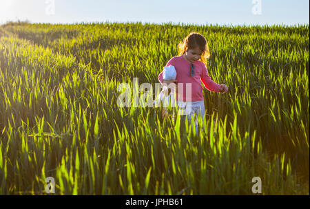 Petite fille et sa poupée marche à travers champs de céréales vert au coucher du soleil, Espagne Banque D'Images