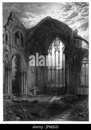 1870 : St Mary's Abbey, Melrose est un monastère gothique partiellement en ruine de l'ordre cistercien dans Melrose, le Roxburghshire, dans la région des Scottish Borders. Elle a été fondée en 1136 par des moines cisterciens à la demande du roi David d'Écosse, et était le chef de la chambre que l'ordre dans le pays jusqu'à la réforme. Banque D'Images