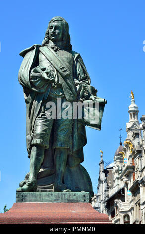 Anvers, Belgique. Statue sur Teniersplaats : David Teniers le Jeune (1610 - 1690) artiste flamand né à Anvers, fils de David Teniers le vieux. Banque D'Images