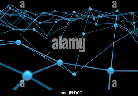 Blockchain , Réseau , de l'apprentissage automatique et l'apprentissage en profondeur le concept des réseaux de neurones. Connexion bleu distribué atom avec fond noir , 3d renderi Banque D'Images