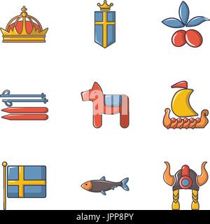 Articles scandinaves, cartoon style icons set Illustration de Vecteur