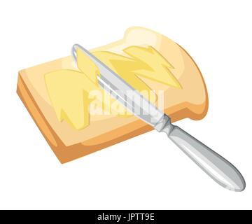 Propagation du couteau de beurre ou de margarine sur tranche de pain grillé et d'un bar de beurre, vecteur de conception plate et page du site Web mobile app design. Illustration de Vecteur