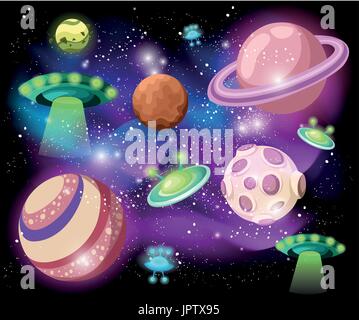 Soucoupe volante, vaisseau et UFO) Illustration d'une série de cartoon funny OVNI, vaisseau spatial non identifié à partir de vaisseaux spatiaux et des envahisseurs, avec vari Illustration de Vecteur