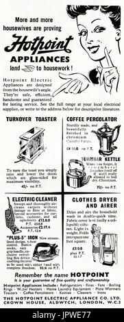 1950 old vintage publicité Publicité original Hotpoint électroménager dans magazine vers 1950 Banque D'Images