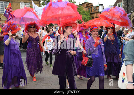 Norwich Prima Donna, un 'Red Hat Society' au chapitre 2017 Fierté, Norwich, Royaume-Uni 29 Juillet 2017 Banque D'Images